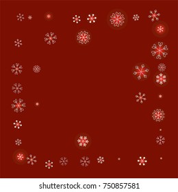 Square frame or border Christmas background with random scatter falling silver snowflakes and red blurred lights on a burgundy background.
