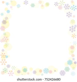 Square frame or border Christmas background with random scatter falling colorful snowflakes and yellow polka dots isolated on white.