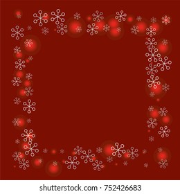 Square frame or border Christmas background with random scatter falling silver snowflakes and red blurred lights on a burgundy background.