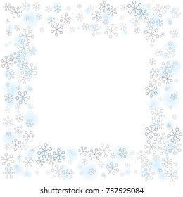 Square frame or border Christmas background with random scatter falling silver snowflakes and blue blurred dots isolated on white.