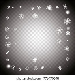 Square frame or border Christmas background with random scatter falling white snowflakes and light blurred dots on a transparent background.