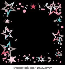 Square frame or border Christmas colorful stars confetti falling, isolated on black. Magic shining flying stars and glitter dots sparkle cosmic backdrop