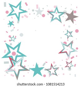 Square frame or border Christmas colorful stars confetti falling, isolated on white. Magic shining flying stars and glitter dots sparkle cosmic backdrop