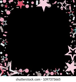 Square frame or border Christmas colorful stars confetti falling, isolated on black. Magic shining flying stars and glitter dots sparkle cosmic backdrop