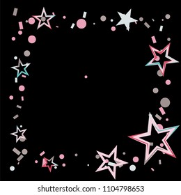 Square frame or border Christmas colorful stars confetti falling, isolated on black. Magic shining flying stars and glitter dots sparkle cosmic backdrop