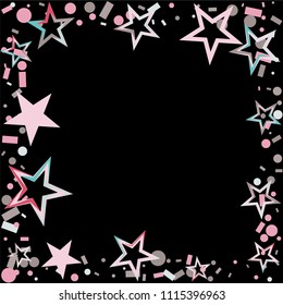 Square frame or border Christmas colorful stars confetti falling, isolated on black. Magic shining flying stars and glitter dots sparkle cosmic backdrop