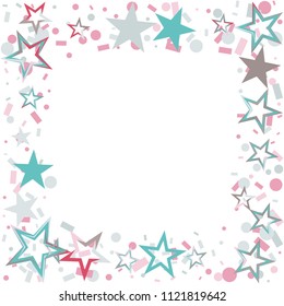 Square frame or border Christmas colorful stars confetti falling, isolated on white. Magic shining flying stars and glitter dots sparkle cosmic backdrop
