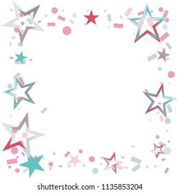 Square frame or border Christmas colorful stars confetti falling, isolated on white. Magic shining flying stars and glitter dots sparkle cosmic backdrop