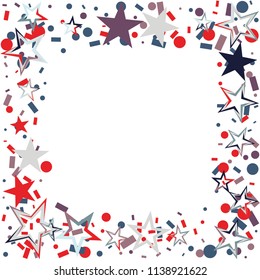 Square frame or border Christmas colorful stars confetti falling, isolated on white. Magic shining flying stars and glitter dots sparkle cosmic backdrop