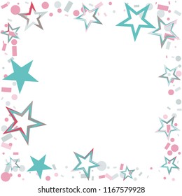 Square frame or border Christmas colorful stars confetti falling, isolated on white. Magic shining flying stars and glitter dots sparkle cosmic backdrop