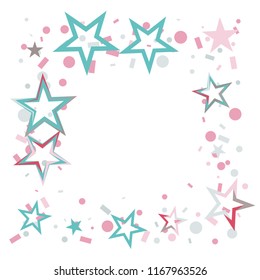 Square frame or border Christmas colorful stars confetti falling, isolated on white. Magic shining flying stars and glitter dots sparkle cosmic backdrop