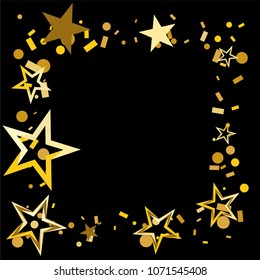 Square frame or border Christmas gold stars confetti falling, isolated on black. Magic shining flying stars and glitter dots sparkle cosmic backdrop