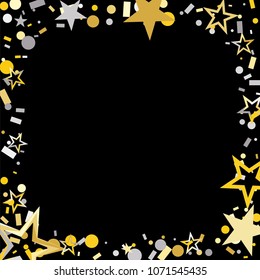 Square frame or border Christmas gold and silver stars confetti falling, isolated on black. Magic shining flying stars and glitter dots sparkle cosmic backdrop