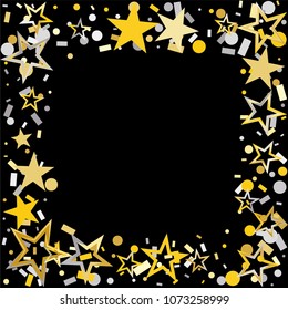 Square frame or border Christmas gold and silver stars confetti falling, isolated on black. Magic shining flying stars and glitter dots sparkle cosmic backdrop