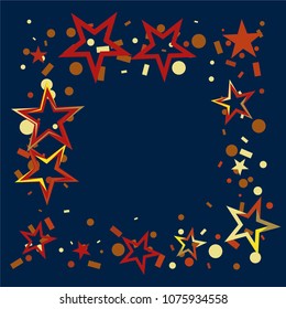 Square frame or border Christmas gold and red stars confetti falling, on a deep blue background. Magic shining flying stars and glitter dots sparkle cosmic backdrop