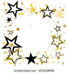 Square frame or border Christmas gold and black stars confetti falling, isolated on white. Magic shining flying stars and glitter dots sparkle cosmic backdrop