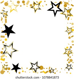 Square frame or border Christmas gold and black stars confetti falling, isolated on white. Magic shining flying stars and glitter dots sparkle cosmic backdrop