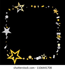 Square frame or border Christmas gold and silver stars confetti falling, isolated on black. Magic shining flying stars and glitter dots sparkle cosmic backdrop