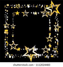 Square frame or border Christmas gold and silver stars confetti falling, isolated on black. Magic shining flying stars and glitter dots sparkle cosmic backdrop