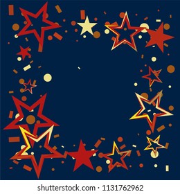 Square frame or border Christmas gold and red stars confetti falling, on a deep blue background. Magic shining flying stars and glitter dots sparkle cosmic backdrop