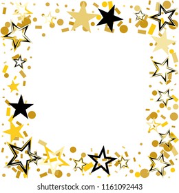 Square frame or border Christmas gold and black stars confetti falling, isolated on white. Magic shining flying stars and glitter dots sparkle cosmic backdrop