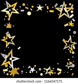 Square frame or border Christmas gold and silver stars confetti falling, isolated on black. Magic shining flying stars and glitter dots sparkle cosmic backdrop
