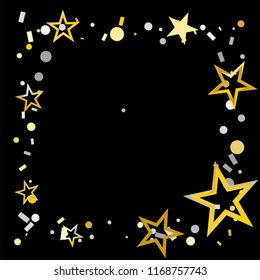 Square frame or border Christmas gold and silver stars confetti falling, isolated on black. Magic shining flying stars and glitter dots sparkle cosmic backdrop