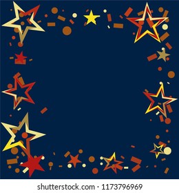 Square frame or border Christmas gold and red stars confetti falling, on a deep blue background. Magic shining flying stars and glitter dots sparkle cosmic backdrop