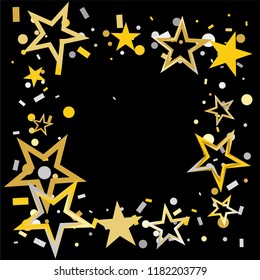 Square frame or border Christmas gold and silver stars confetti falling, isolated on black. Magic shining flying stars and glitter dots sparkle cosmic backdrop