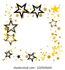 Square frame or border Christmas gold and black stars confetti falling, isolated on white. Magic shining flying stars and glitter dots sparkle cosmic backdrop