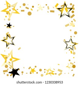 Square frame or border Christmas gold and black stars confetti falling, isolated on white. Magic shining flying stars and glitter dots sparkle cosmic backdrop
