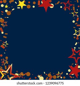 Square frame or border Christmas gold and red stars confetti falling, on a deep blue background. Magic shining flying stars and glitter dots sparkle cosmic backdrop