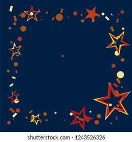 Square frame or border Christmas gold and red stars confetti falling, on a deep blue background. Magic shining flying stars and glitter dots sparkle cosmic backdrop