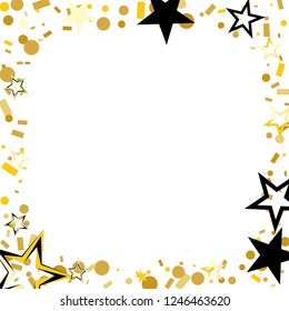 Square frame or border Christmas gold and black stars confetti falling, isolated on white. Magic shining flying stars and glitter dots sparkle cosmic backdrop