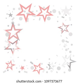 Square frame or border Christmas silver and pink stars confetti falling, isolated on white. Magic shining flying stars and glitter dots sparkle cosmic backdrop