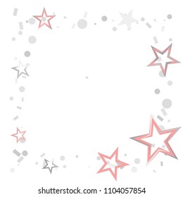 Square frame or border Christmas silver and pink stars confetti falling, isolated on white. Magic shining flying stars and glitter dots sparkle cosmic backdrop