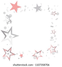 Square frame or border Christmas silver and pink stars confetti falling, isolated on white. Magic shining flying stars and glitter dots sparkle cosmic backdrop