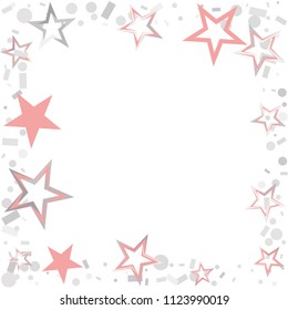 Square frame or border Christmas silver and pink stars confetti falling, isolated on white. Magic shining flying stars and glitter dots sparkle cosmic backdrop
