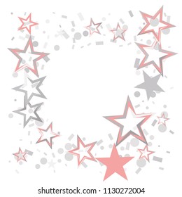 Square frame or border Christmas silver and pink stars confetti falling, isolated on white. Magic shining flying stars and glitter dots sparkle cosmic backdrop