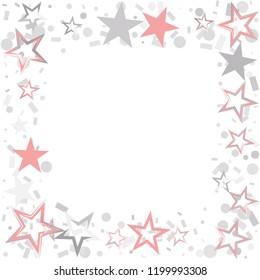 Square frame or border Christmas silver and pink stars confetti falling, isolated on white. Magic shining flying stars and glitter dots sparkle cosmic backdrop
