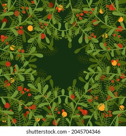 Square frame or border made of branches and twigs of coniferous and deciduous trees, berries on green background. Christmas wreath center. Vector flat hand drawn illustration.