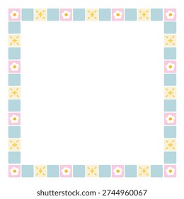 Square frame border with mosaic tiles cute flowers and stars in naive hand-drawn style. Groovy vintage aesthetic element for postcard photo frame and nursery decor. Silly minimalist doodle