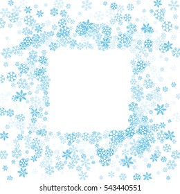 Square frame or border of scatter blue shades snowflake on white background. Design element for festive banner, birthday, greeting card, postcard, Christmas or wedding invitation. Vector illustration.
