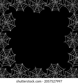Square frame, border of spider web. Halloween vector background. Black and white, isolated, hand drawn illustration