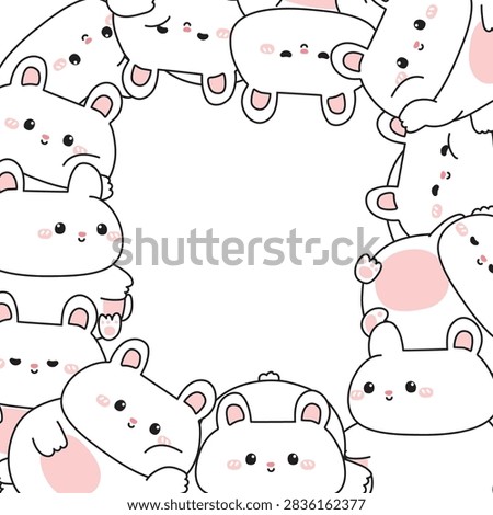 Square frame border template with cute chubby white rabbit bunny characters and empty copy space for text, hand drawn animal kawaii rodent animal cartoon doodle style vector illustration