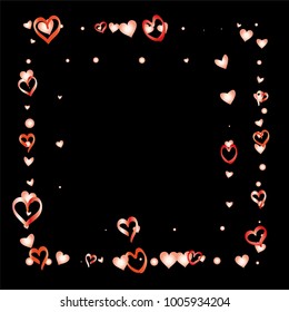 Square frame or border Valentines day background with random hand drawn falling red hearts isolated on black.