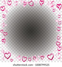 Square frame or border Valentines day background with random hand drawn falling pink hearts on transparent background.