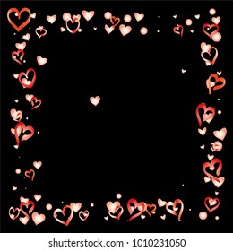 Square frame or border Valentines day background with random hand drawn falling red hearts isolated on black.