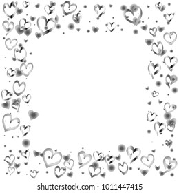 Square frame or border Valentines day background with random hand drawn falling silver hearts isolated on white.