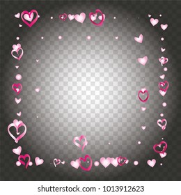 Square frame or border Valentines day background with random hand drawn falling pink hearts on transparent background.